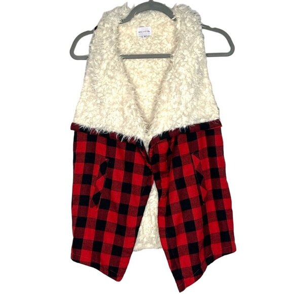 Faux Fur Buffalo Check Plaid Flannel Sherpa Open Vest Wonens S Cabin Rustic Cozy - Picture 1 of 9